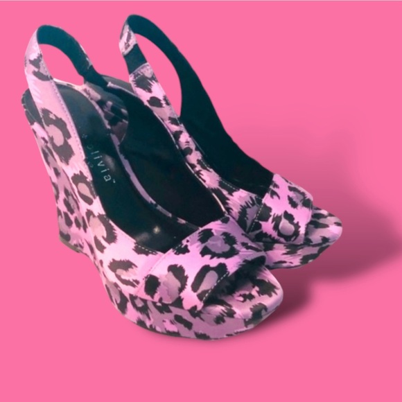 ηεω A+O Pink Leopard Slingback Peep-Toe Wedge Vintage Alice + Olivia Excellent - Picture 3 of 16